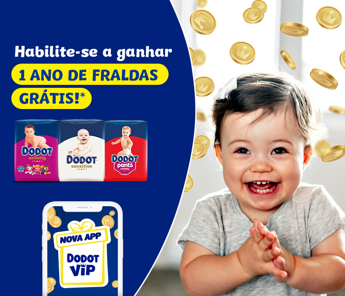 Imagem de um bebé feliz rodeado de moedas de ouro e embalagens de fraldas Dodot Activity, Dodot Sensitive e Dodot Pants Activity. Acompanhado do texto "Habilite-se a ganhar um ano de fraldas Dodot grátis! Nova app Dodot VIP. Consulte as condições legais."